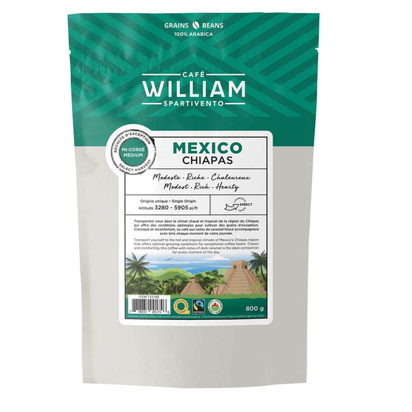 William Spartivento Mexico Chiapas Medium Roast Fairtrade and Organic Whole Bean Coffee 800 g
